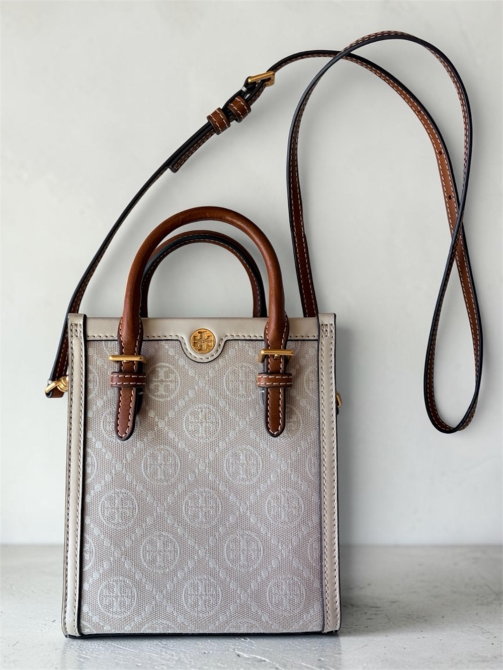 Tory Burch Cream Canvas Mini Tote with Brown Leather Trim